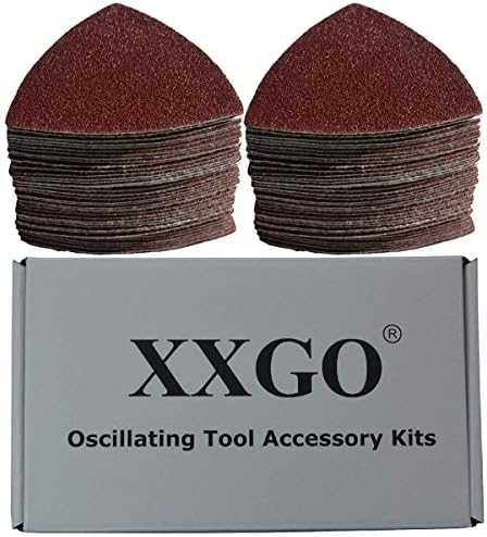 XXGO 100 парчиња 60 решетки 3-1/2 инчи 90мм Триаголна кука и јамка Мултитул шкурка за пескарење од дрво од 3,5 инчи осцилирачки подлога за пескарење со повеќе алатки XG902060
