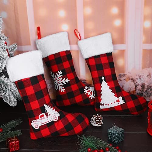 Hiwooii 6 пакувања Божиќни чорапи со везена шема кадифен манжетна 18 инчи големи биволи карирани чорапи со ирваси од ирваси за снегулка