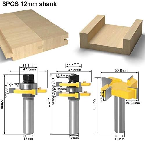 Bits Qinlu-CNC рутер битови 12 mm 1/2 инчен Shank Langue Groove Здружени зглобови рутер парчиња, 3/4 T-Slot Tenon Cutter Milling за дрво од дрво,