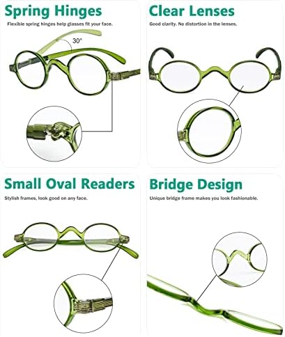 Очила За Очи Мали Овални Тркалезни Очила за Читање Гроздобер Мини Читач Очила За Мажи Жени Кои Читаат Со Пролетни Шарки Зелена Рамка +2.00