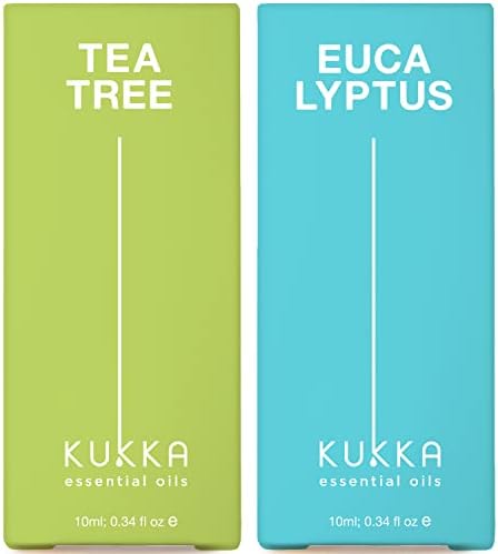 Масло од чајно дрво за есенцијално масло за кожа и еукалиптус за сет на дифузер - Сет на есенцијални масла за терапевтско одделение - 2x0,34 fl Oz - Kukka
