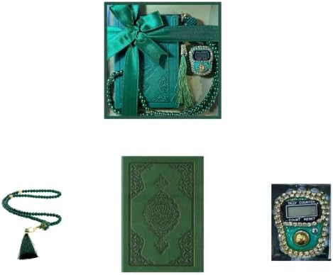 Сет на исламски подароци Prien, Термо кожа Куран, специјална кутија, бисерни молитвени мониста, камен бисер дигитален Зикра Тасбих,