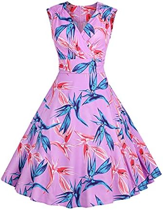 Women'sенски гроздобер забавен фустан без ракави V вратот коктел за замав фустан, цветен цвет, разгори линиски обичен фустан за забава