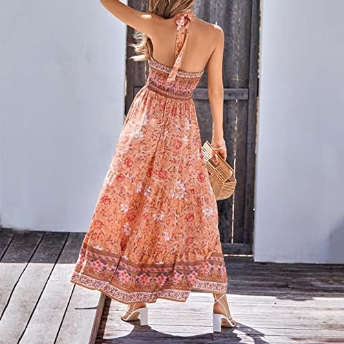Дами бохо фустан лето боемски цветен принт за застој без ракави, тенок висок половината на макси фустани