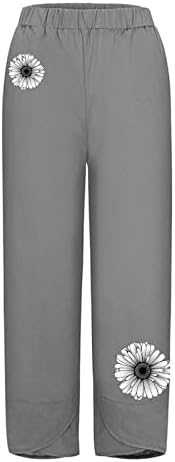 Beuенски женски памучни постелнини Еластични панталони од половината Печати плажа исечени товарни џемпери со џебни обични капри панталони