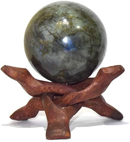 Исцелување4U сфера лабрадорит големина 2,5-3 инчи и една дрвена топка стојат природна кристална топка сфера Васту Реики Чакра заздравување
