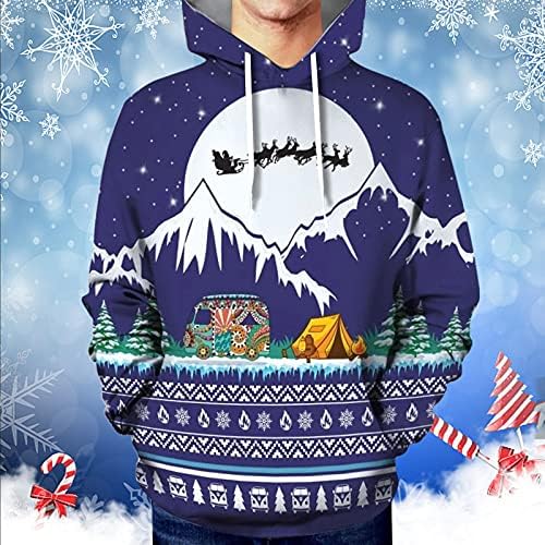 XXBR Божиќни дуксери за мажи, есенски зимски 3Д дигитални Божиќ ирваси Снежан печати со качулка со дуксери за џвакање обичен пуловер