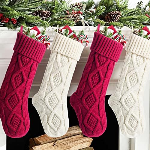 Божиќни чорапи на Меривудс, 4 пакувања 18 инчи големи кабелски плетено плетено чорапи, рустикални Божиќни украси за фарми за семејни