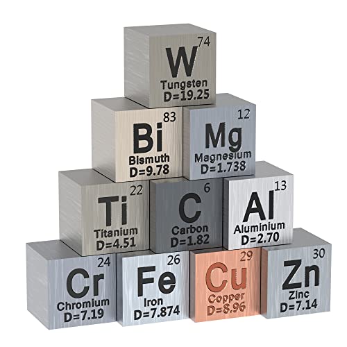 Коцки од 10 парчиња метални елементи - Коцка за густина поставена за периодична табела на елементи колекција - чиста коцка од волфрам, титаниум, бизмут, алуминиум, же?