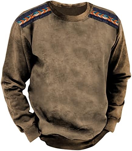 Амцок џемпери за мажи, дишејќи долги ракави екипаж, џемпер, обична графичка етничка етничка печатена лабава маичка