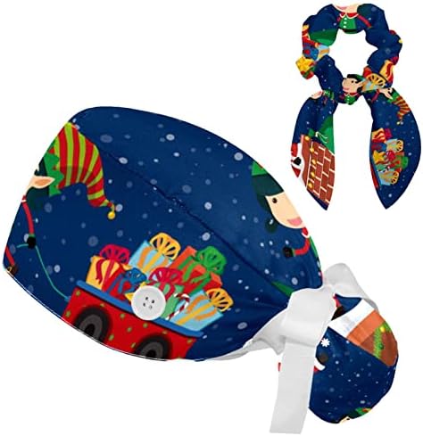 Прилагодливи работни капачиња и Bowknot Scrunchie Set Bouffant Hat со копче затегната вратоврска за вратоврска Chats Christmas Christmas Santa