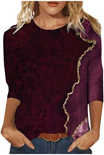 Женски врвови фустани 3/4 ракави врвни летни вратоврски за печатење маички за печатење на лабава лабава секвенка тунична пулвер удобна меки блузи
