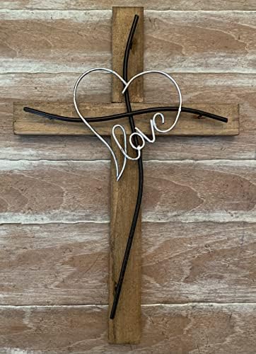 Врвен месинг Голема loveубов/срце декоративно заварен метал/рустикален дрво крст - в Valentубените, годишнината Исус уметнички декор