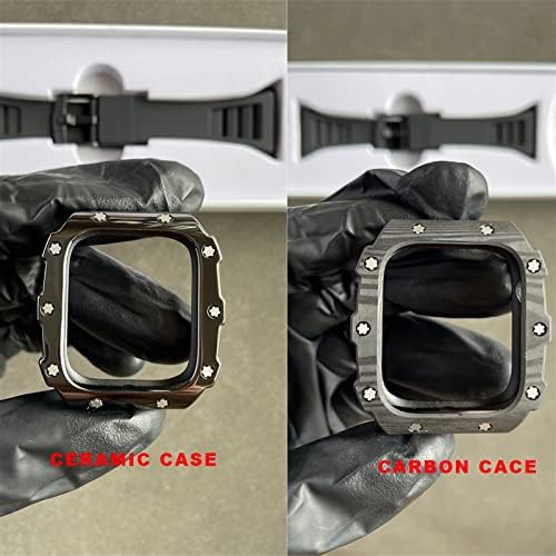 CNHKAU CARBON FIBER CASE за модификација на опсегот на Apple Watch 7 45mm 44mm 41mm керамички бизе од гума каиш за мод за iWatch Series 6 SE