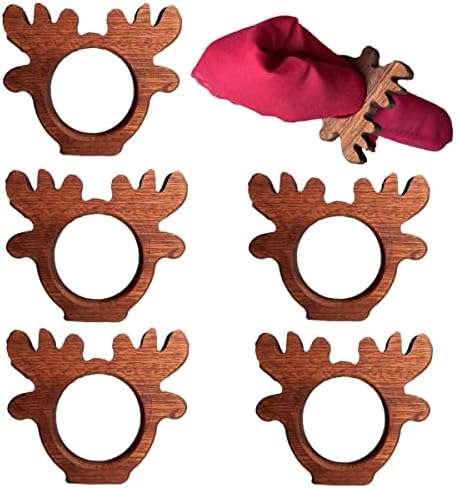 6 парчиња сет за божиќни салфетки, прстен за салфетка од елк ， дрво занаетчиски занаетчиски прстени украси за табели за Божиќ