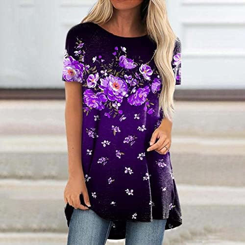 Плус големина Туника врвови за жени летни цветни печати маици со кратки ракави, блузи од вратот, проточни лабави маички кошули