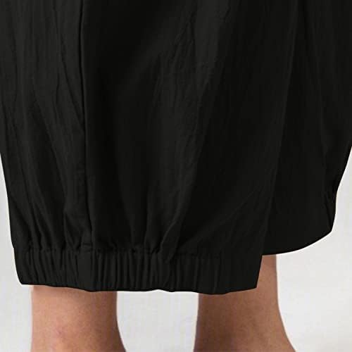 Памучни постелнини панталони за жени директно нозе Каприс летни капри панталони плажа еластична половината со панталони со култури