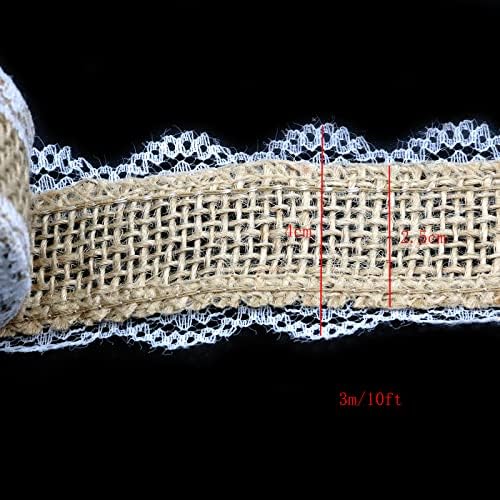Mewutal 3 m/10ft природна јута лента лента лента, бела чипка античка постелнина занаетчиска лента