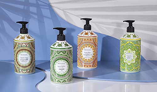Мозаик течен сапун / сапун за миење на рацете, идеален сапун за сапун и кујнски сапун, маслиново масло + кокос и хибискус + градинарски + портокалова цвет, 4 x 24,6 fl oz Сек?