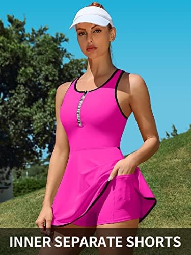 Attraco Womenенски тениски фустан фустан фустан со шорцеви и вграден градник без ракави за затворање на атлетски патент, фустан за