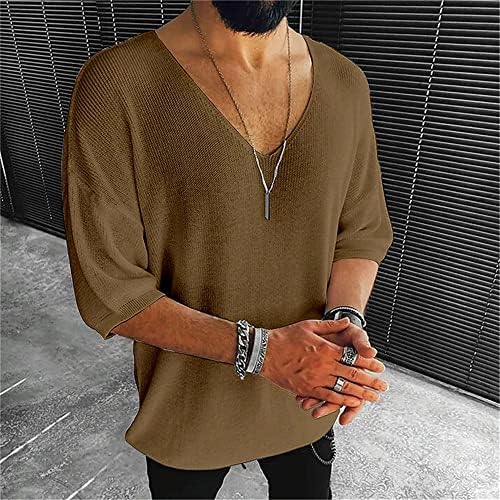Мажите плус големина шупливи плетени кратки ракави лето длабоко V вратот лабава маица боја со низок исечен тема за истегнување на