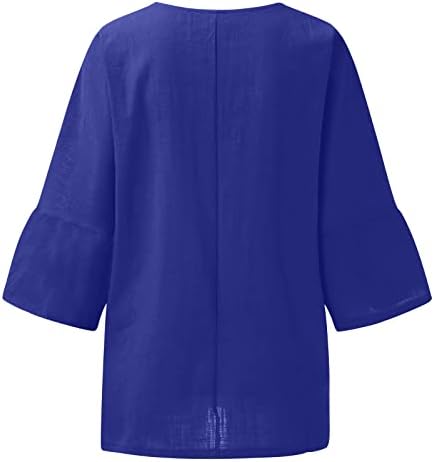 Женски памучни постелнини врвови на врвови 3/4 ракав мода печатена екипаж вратот Туника маички лабави удобни странични разделени блузи