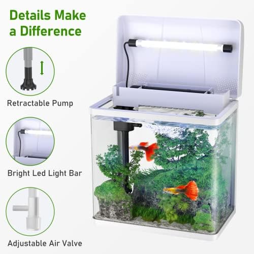 Резервоар за риби Пондон, 1,7 галон стаклена аквариум со воздушна пумпа и LED светлина и филтер, мал резервоар за риби за комплет за