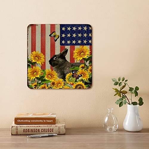 Изречена патриотска американска знаме и земјоделски животни зајак и сончогледи гроздобер метален знак плакета метален постер знак за класичен