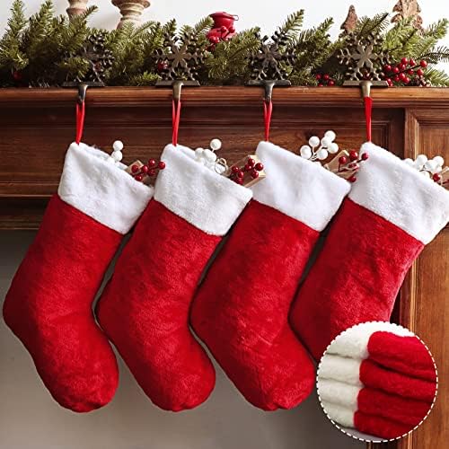 Ivenf Божиќни чорапи, 4 парчиња 19 инчи полиестер класичен црвен и бел кадифен мерцеризирани кадифени чорапи, за семејни празници