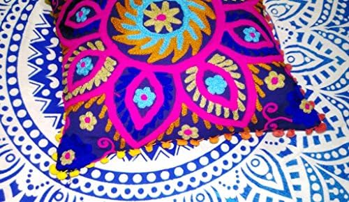 Indacorify Suzani Pilles, везена перница за капакот 16x16, декоративно фрлање перница за фрлање, индиски пом пом на отворено перничиња,