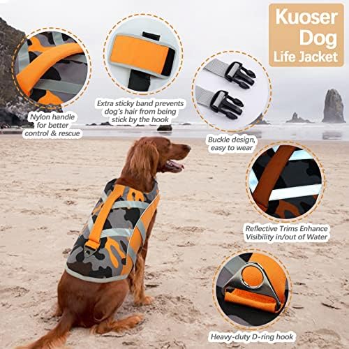 Kuoser dog Life Jacket со рефлексивни ленти, прилагодлива висока видлива кучиња за кучиња животно елек Ripstop Dog Lifesaver Pet Life