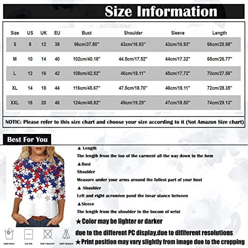 3/4 кошула со ракави жени Американско знаме 4-ти јули печатење графички графички о-вратови кошули со блуза лабава основна маица