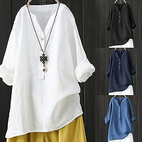 Копче за лабава памучна постелнина за жени, V-Neck 3/4 ролна со долги ракави Туника маици лето цврста боја врвна обична блуза
