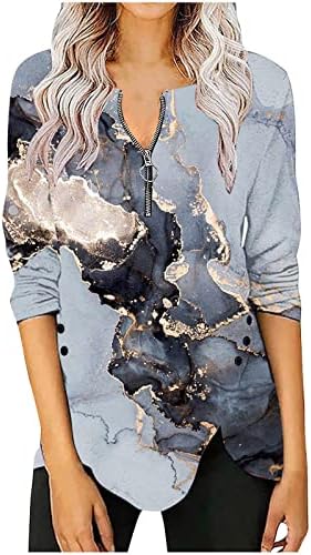 Неправилни кошули со полите за жени изречени странични исечоци со долг ракав четвртина палтовер врвови мермерни текстурирани блузи од