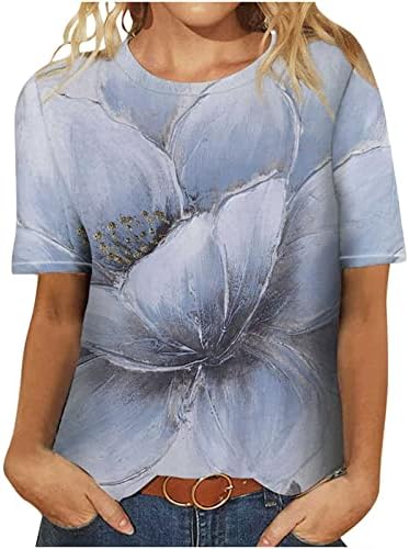 Womenените сите цветни печати врвови гроздобер летна обична маица кратки ракави лабави тунични маички бохо -екипаж блуза врв