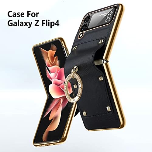 Паметен телефон заштитен случај Компатибилен Со Samsung Galaxy Z Flip 4 5g Случај, Премиум Pu Кожа Флип Капак Случај со 360°Ротација Прстен