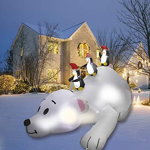 Mortime 7,8 ft Божиќна надувување поларна мечка со 3 пингвини, разнесени осветлени 3 пингвини на декор на поларна мечка со LED