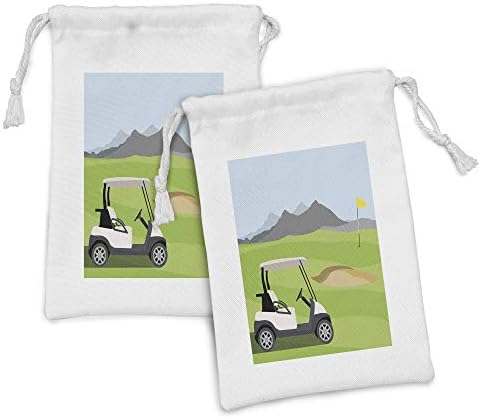 Амбесон Голф Сцена Ткаенина Торбичка Сет на 2, Цртан Пејзаж Со Автомобил Поле Планини И Знаме Печатење, Мали Врвка Торба За