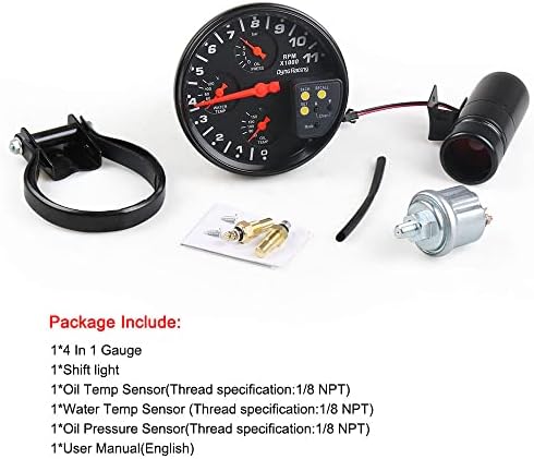 Мерач на тахометар, 5 12V автомобилски замена тахометри 0-11000 вртежи во минута w/смена светлина, мерачи на притисок на маслото/водата