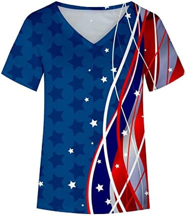 Womenенски маички во боја на бои во САД, Ден на независност на Денот на независноста на врвовите на кратки ракави длабоки v вратот салон есен летни маички JV