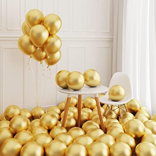 Холиколор 110 парчиња Златни Метални Хромирани Латекс Балони 12 Инчи Со Лента За Забава Роденден Годишнина Фестивал Бебе Туш Свадба