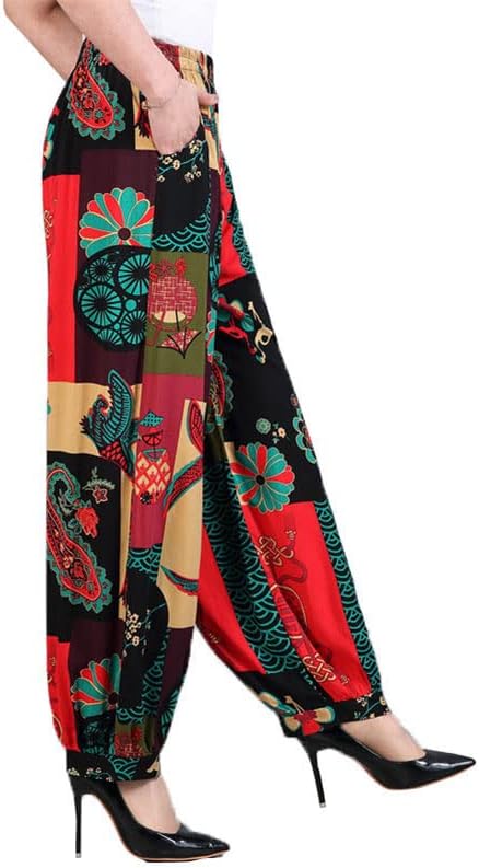 Uktzfbctw Елегантна мајка пролетно лето печатење памук свила обични женски панталони етнички стил панталони со голема големина боја