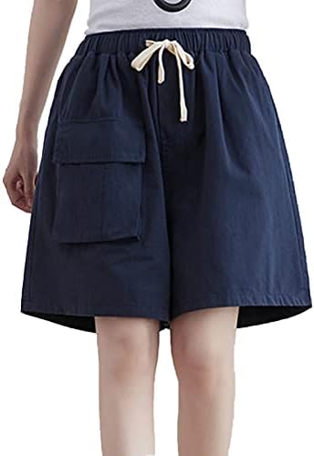 Silunma2021 женски долги шорцеви со џебови Обични еластични еластични половини памучни пот -шорцеви на коленото должина шорцеви за лето
