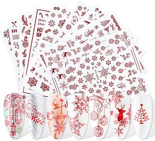 Налепници за уметност на црвени Божиќни нокти Декларации за нокти 9 парчиња шарени снегулки новогодишна елка Снежни sungeвонки подароци