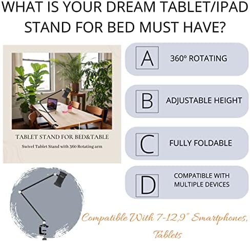 D L S TABLET Stand Ipad држач за биро/кревет -360 степени ротирачки флексибилни раце- компатибилен со уреди од 4-12,9 инчи- стабилна