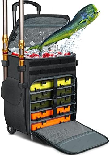Ролна кутија за справи со ладилник, матеин голема торба за риболов со тркала за 5 ленти, ранец отпорен на солена вода, со држачи