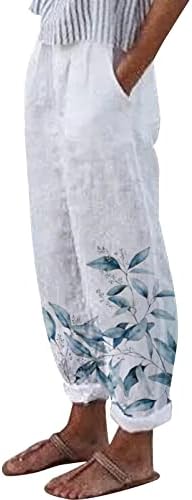 Chgbmok женски еластични панталони за постелнина за постелнина, цветни печатени панталони, обични цврсти панталони за нозе со џебови