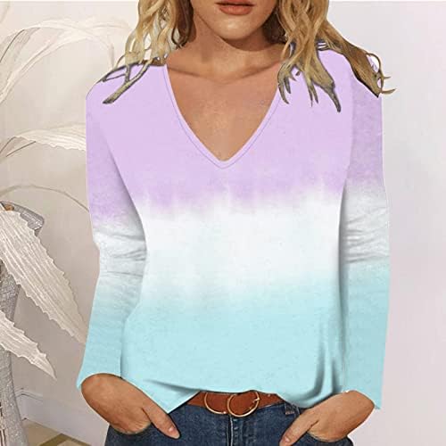 Врза за боја, долга ракав, жени, женски обичен лабава лабава врат за печатење со долги ракави маица маица врвови печатена блуза за туника