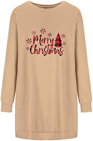 Среќен Божиќен џемпер фустан за жени Симпатична карирана Божиќна дрво Снегулка со долги ракави со екипаж џебни џебни фустани