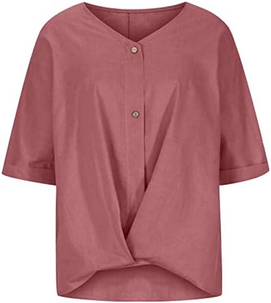 Врвови за памучни постелнини за жени лабава обична цврста боја кратки ракави копче до екипаж-врат-маица блуза пуловер
